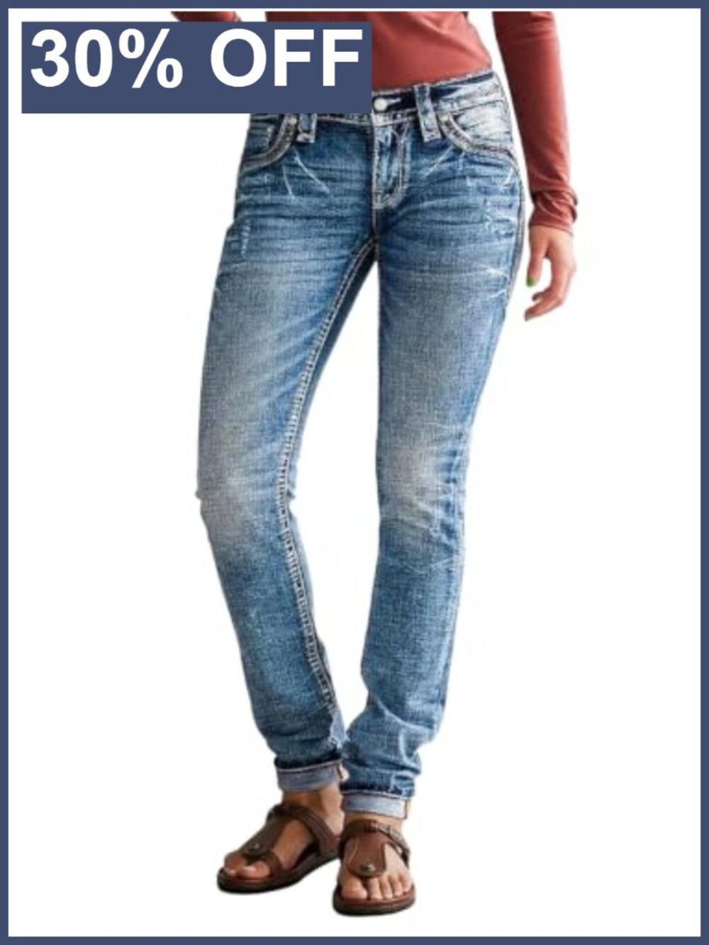 Low Rise Straight Leg Ripped Roll Hem Stretch Denim Jeans